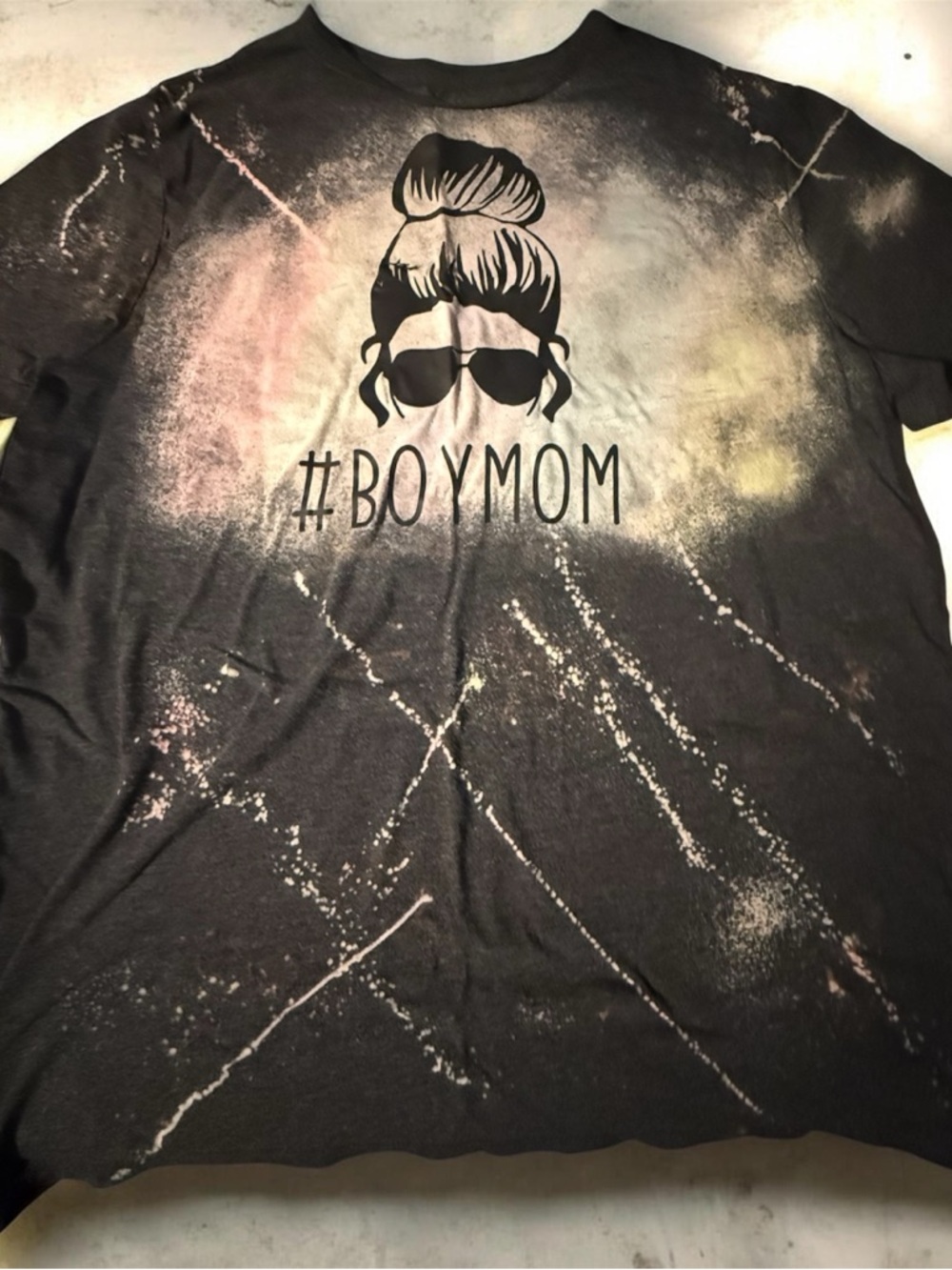 🌼 BOYMOM Graphic Tee in Black with Bleach Splatter